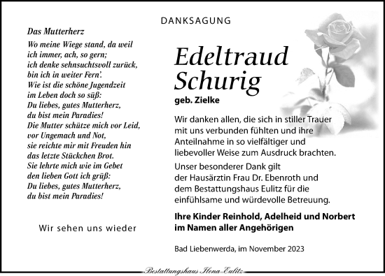 Traueranzeige von Edeltraud Schurig von Torgauer Zeitung