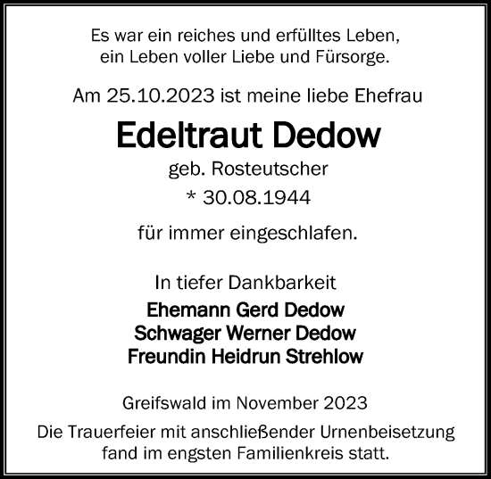 Traueranzeige von Edeltraut Dedow von Ostsee-Zeitung GmbH