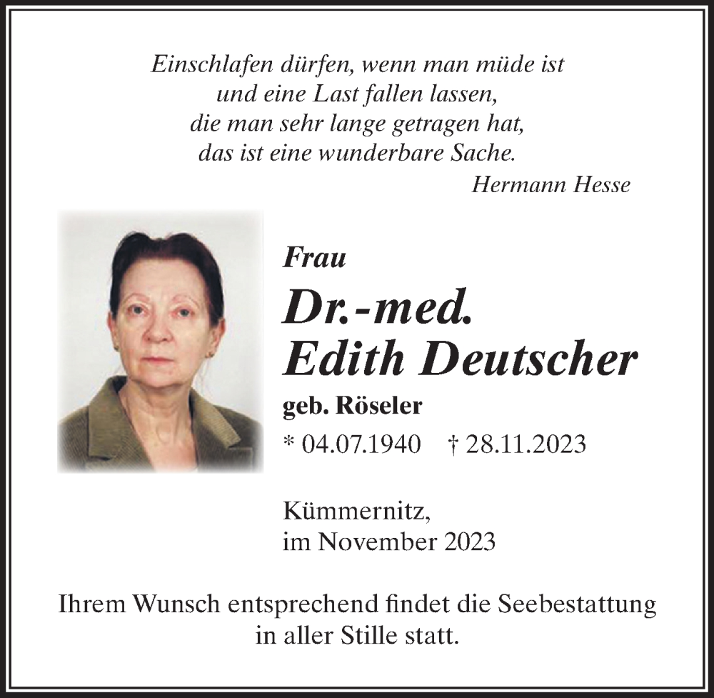  Traueranzeige für Edith Deutscher vom 30.11.2023 aus Märkischen Allgemeine Zeitung
