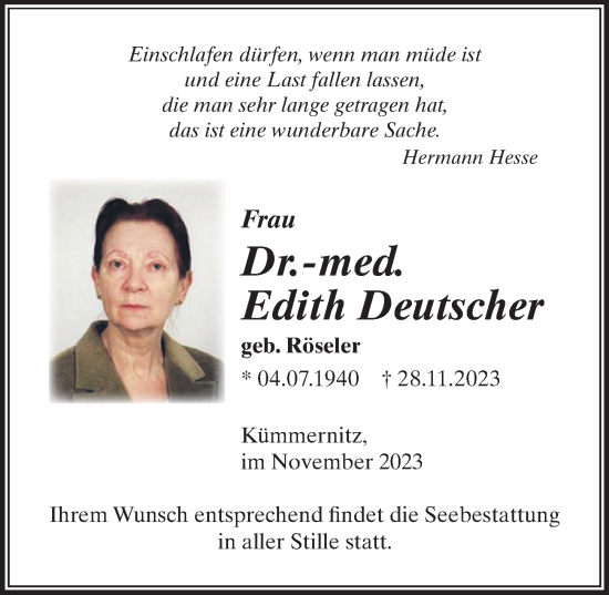 Traueranzeige von Edith Deutscher von Märkischen Allgemeine Zeitung
