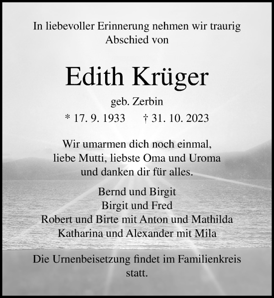 Traueranzeige von Edith Krüger von Ostsee-Zeitung GmbH