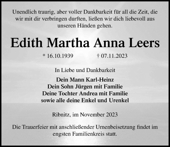 Traueranzeige von Edith Martha Anna Leers von Ostsee-Zeitung GmbH