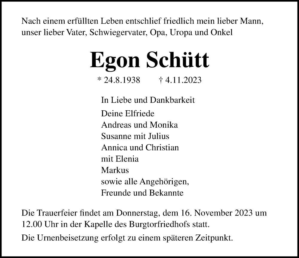  Traueranzeige für Egon Schütt vom 12.11.2023 aus Lübecker Nachrichten