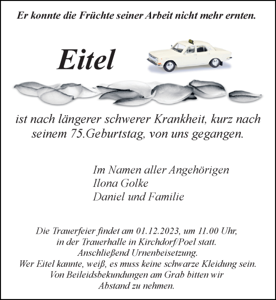 Traueranzeige von Eitel  von Ostsee-Zeitung GmbH