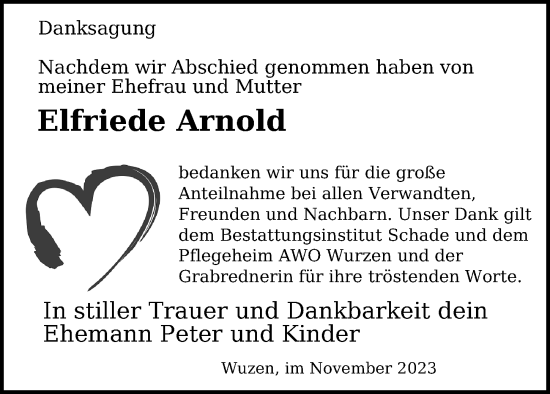 Traueranzeige von Elfriede Arnold von Leipziger Volkszeitung