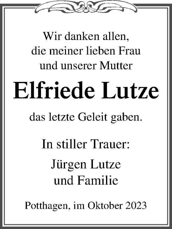 Traueranzeige von Elfriede Lutze von Ostsee-Zeitung GmbH