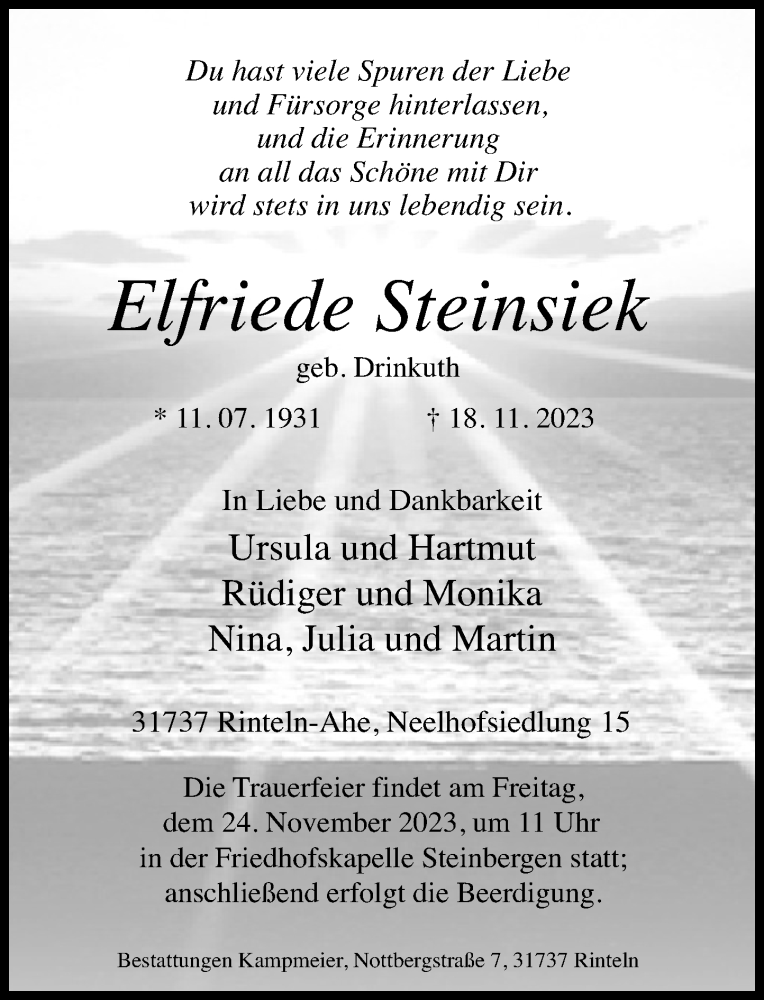  Traueranzeige für Elfriede Steinsiek vom 22.11.2023 aus Schaumburger Nachrichten und Schaumburger Zeitung/ Landes-Zeitung