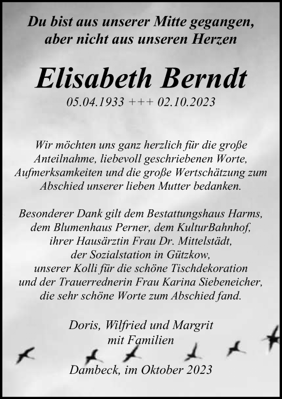 Traueranzeige von Elisabeth Berndt von Ostsee-Zeitung GmbH