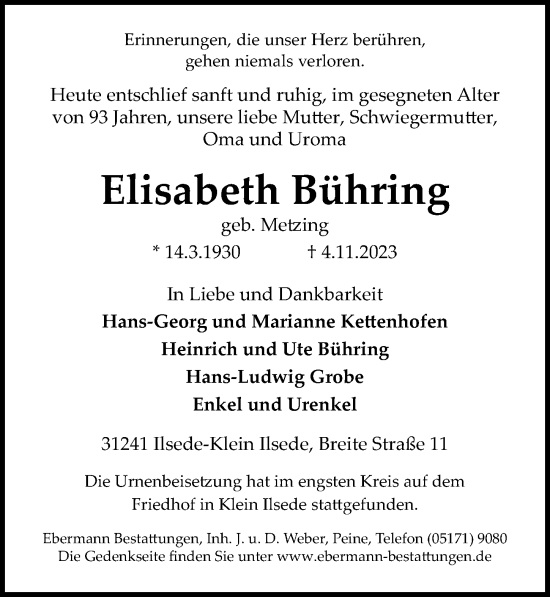 Traueranzeige von Elisabeth Bühring von Peiner Allgemeine Zeitung
