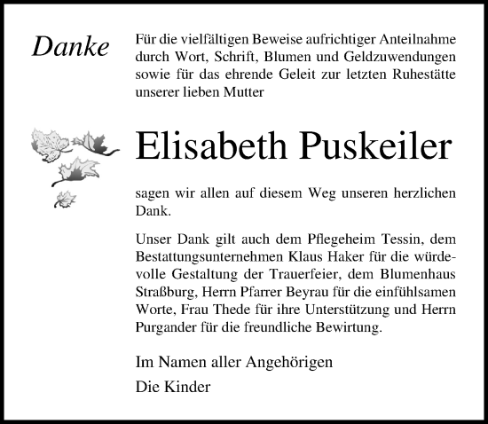 Traueranzeige von Elisabeth Puskeiler von Ostsee-Zeitung GmbH