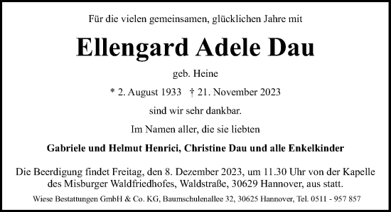 Traueranzeige von Ellengard Adele Dau von Hannoversche Allgemeine Zeitung/Neue Presse
