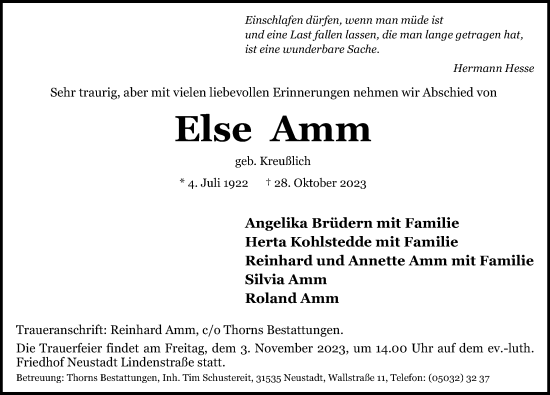 Traueranzeige von Else Amm von Hannoversche Allgemeine Zeitung/Neue Presse