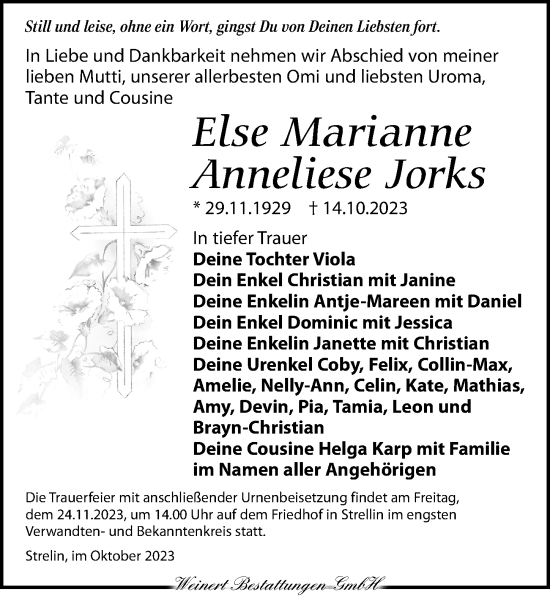 Traueranzeige von Else Marianne Anneliese Jorks von Torgauer Zeitung