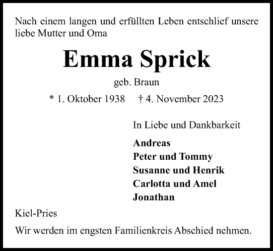 Traueranzeige von Emma Sprick von Kieler Nachrichten