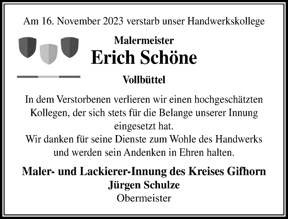  Traueranzeige für Erich Schöne vom 25.11.2023 aus Aller Zeitung