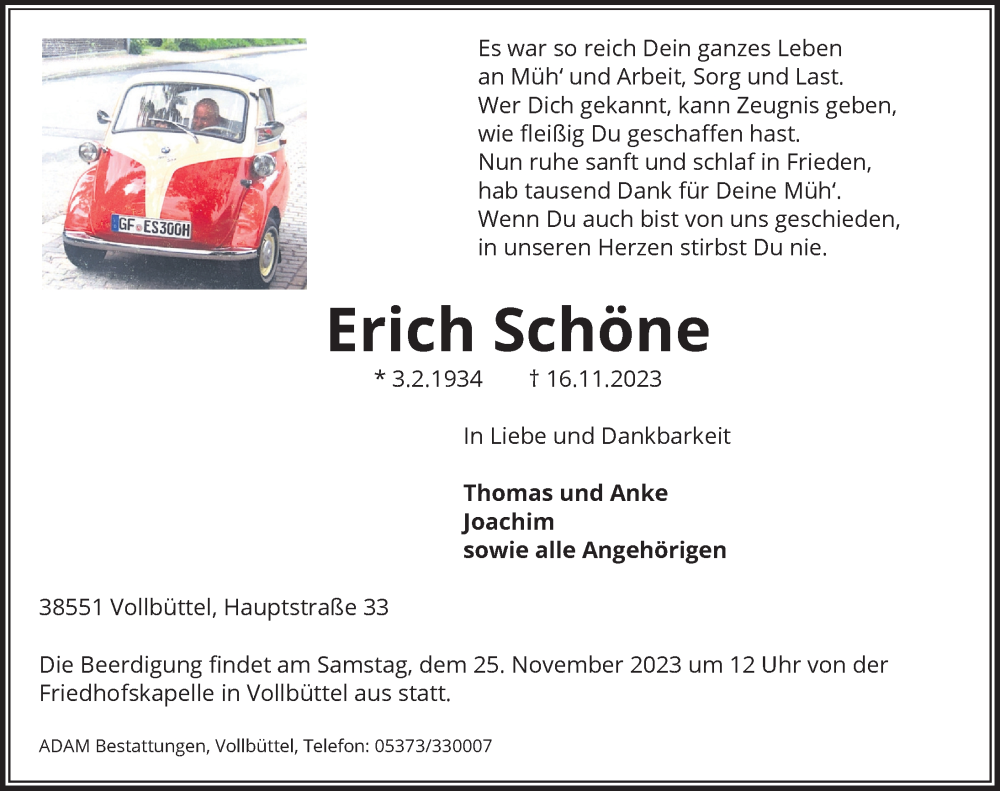  Traueranzeige für Erich Schöne vom 21.11.2023 aus Aller Zeitung