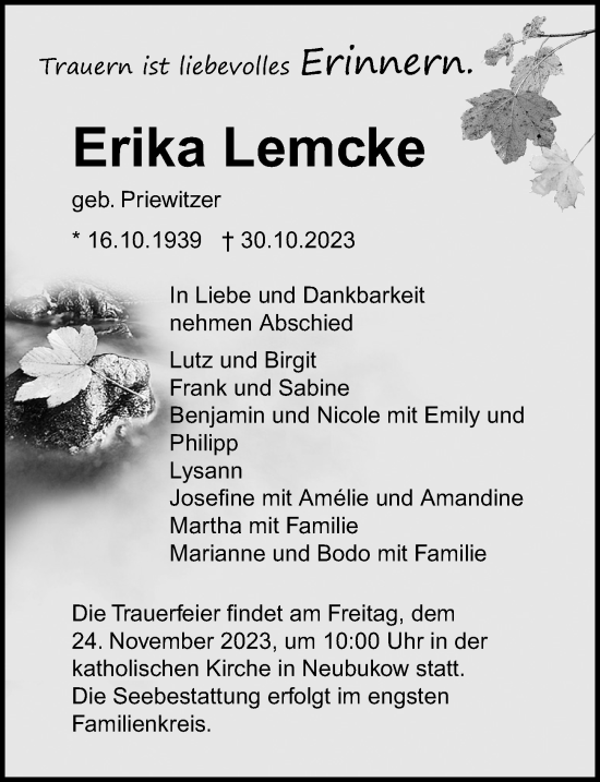 Traueranzeige von Erika Lemcke von Ostsee-Zeitung GmbH