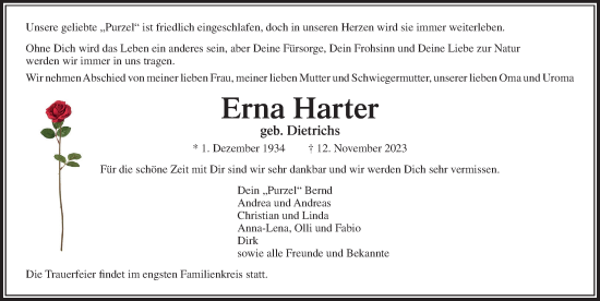 Traueranzeige von Erna Harter von Lübecker Nachrichten
