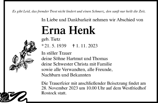 Traueranzeige von Erna Henk von Ostsee-Zeitung GmbH