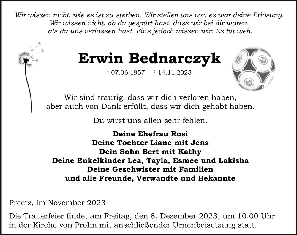  Traueranzeige für Erwin Bednarczyk vom 18.11.2023 aus Ostsee-Zeitung GmbH