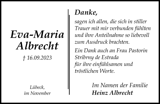 Traueranzeige von Eva-Maria Albrecht von Lübecker Nachrichten
