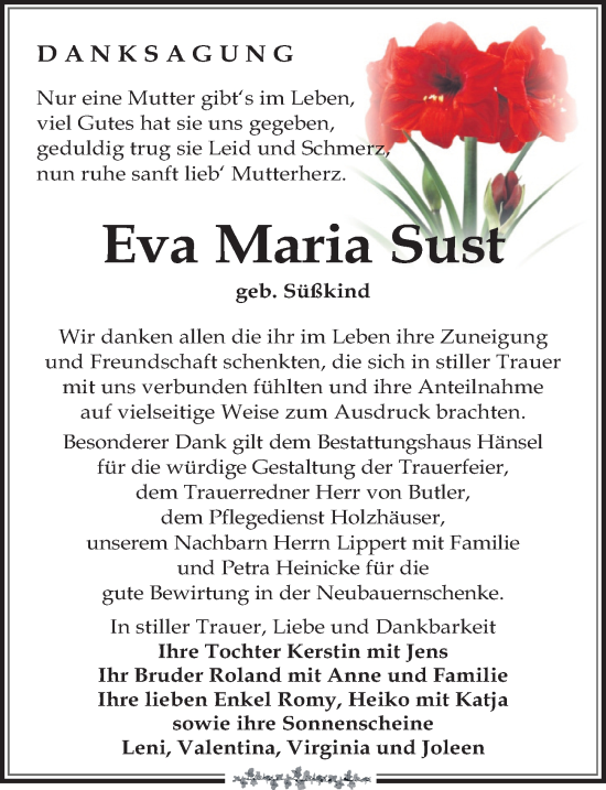 Traueranzeige von Eva Maria Sust von Leipziger Volkszeitung