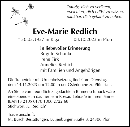 Traueranzeige von Eve-Marie Redlich von Kieler Nachrichten