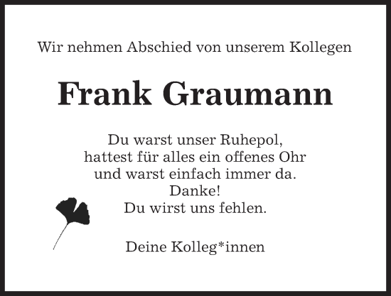 Traueranzeige von Frank Graumann von Kieler Nachrichten