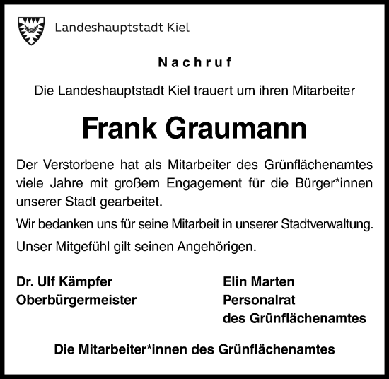 Traueranzeige von Frank Graumann von Kieler Nachrichten