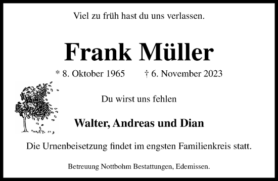 Traueranzeige von Frank Müller von Peiner Allgemeine Zeitung