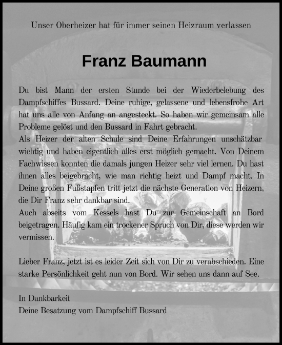 Traueranzeige von Franz Baumann von Kieler Nachrichten