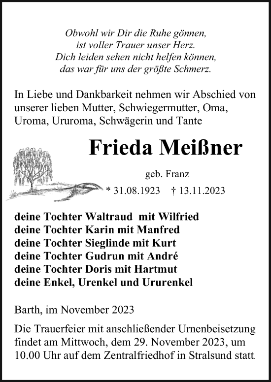 Traueranzeige von Frieda Meißner von Ostsee-Zeitung GmbH