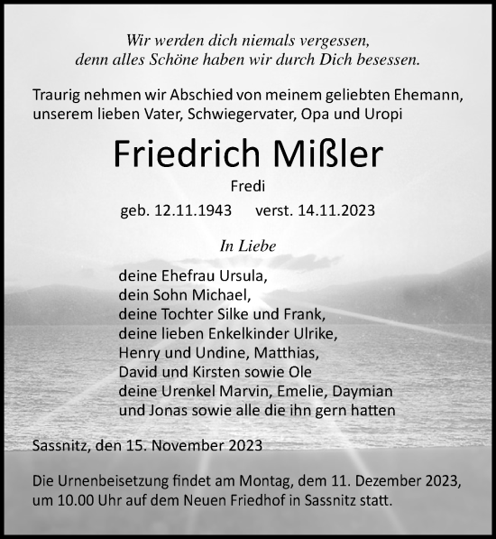 Traueranzeige von Friedrich Mißler von Ostsee-Zeitung GmbH