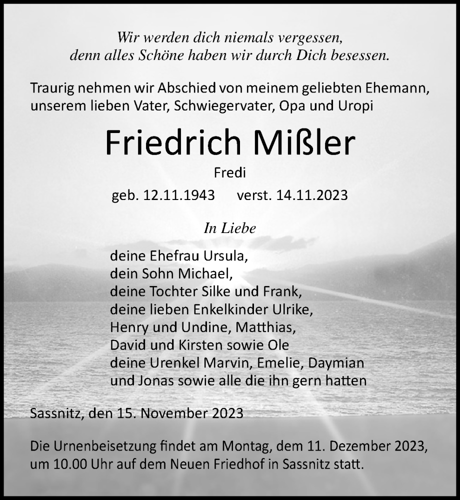  Traueranzeige für Friedrich Mißler vom 18.11.2023 aus Ostsee-Zeitung GmbH