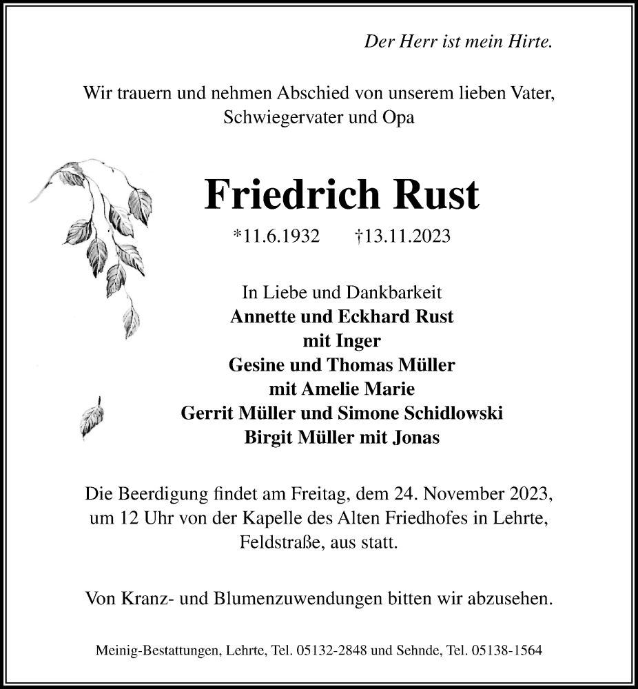  Traueranzeige für Friedrich Rust vom 18.11.2023 aus Hannoversche Allgemeine Zeitung/Neue Presse