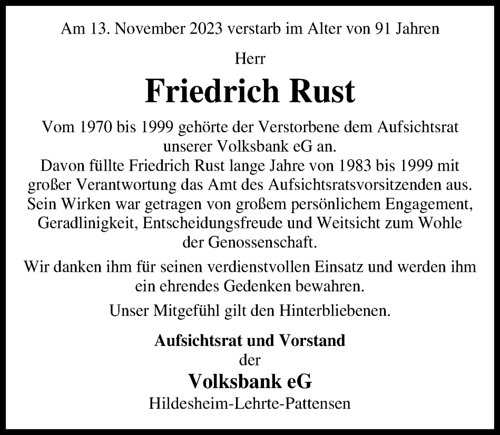  Traueranzeige für Friedrich Rust vom 22.11.2023 aus Hannoversche Allgemeine Zeitung/Neue Presse