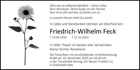 Traueranzeige von Friedrich-Wilhelm Feck von Ostsee-Zeitung GmbH