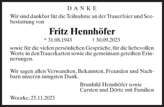Traueranzeige von Fritz Hennhöfer von Ostsee-Zeitung GmbH