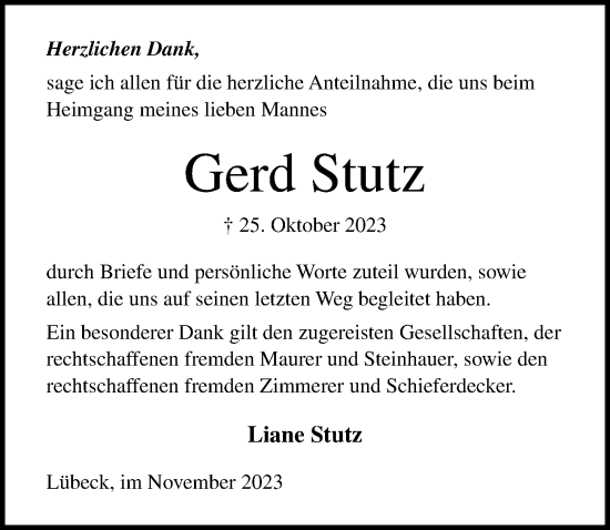 Traueranzeige von Gerd Stutz von Lübecker Nachrichten