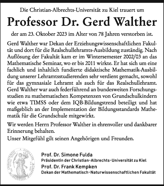 Traueranzeige von Gerd Walther von Kieler Nachrichten