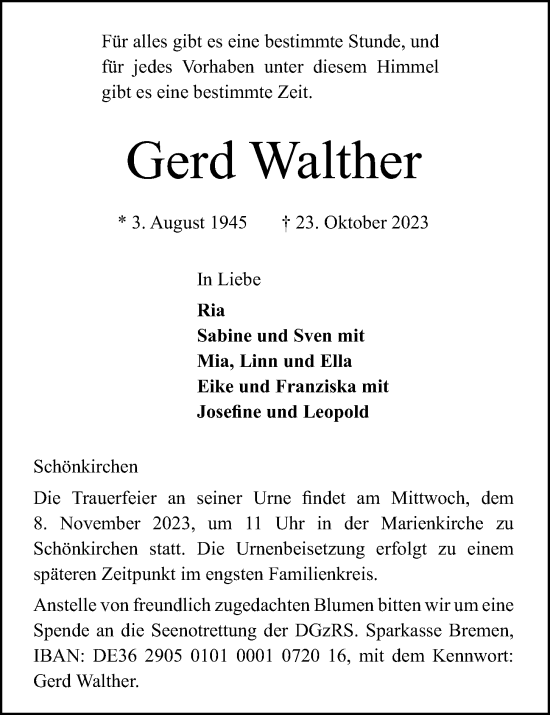 Traueranzeige von Gerd Walther von Kieler Nachrichten