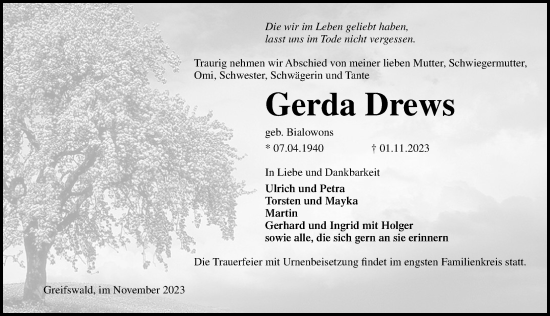 Traueranzeige von Gerda Drews von Ostsee-Zeitung GmbH