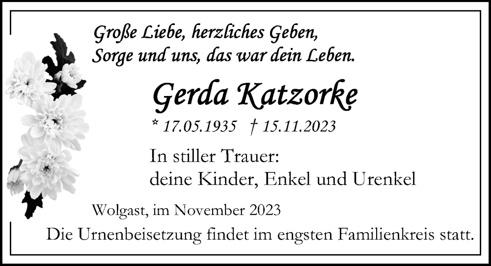  Traueranzeige für Gerda Katzorke vom 18.11.2023 aus Ostsee-Zeitung GmbH