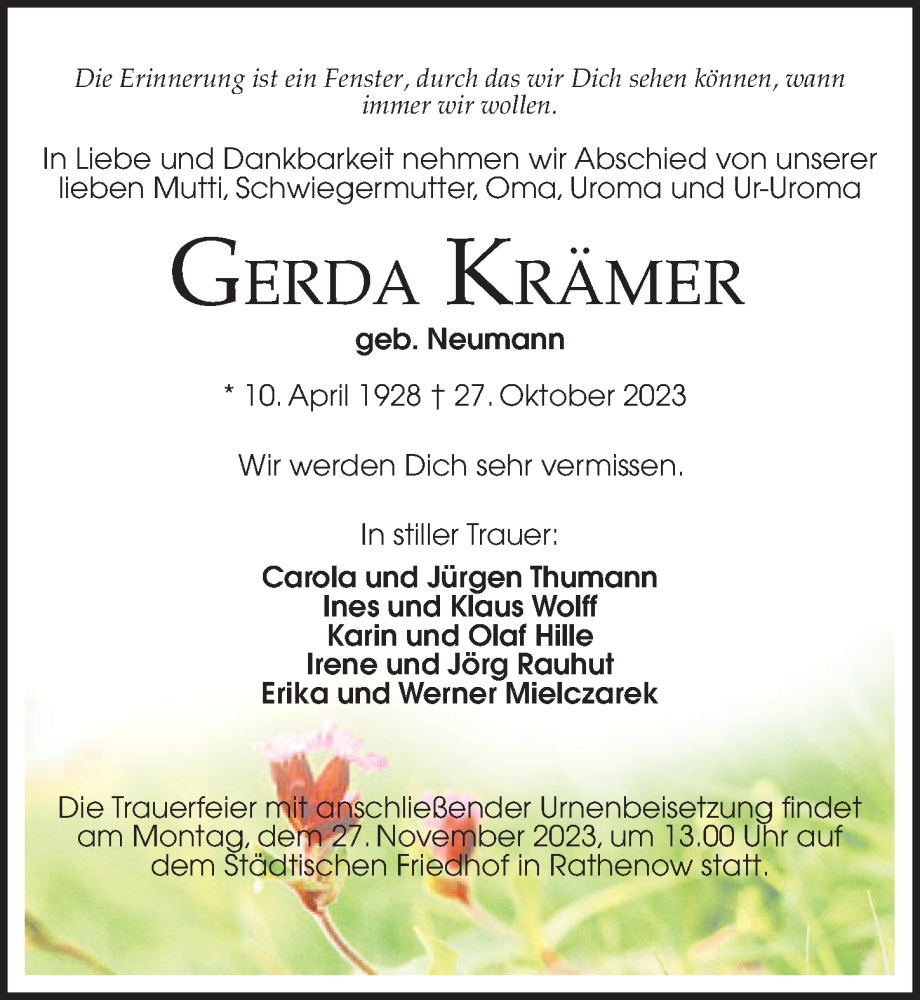  Traueranzeige für Gerda Krämer vom 15.11.2023 aus Märkischen Allgemeine Zeitung