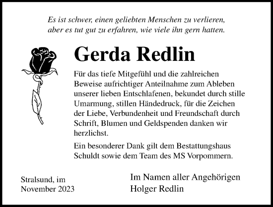 Traueranzeige von Gerda Redlin von Ostsee-Zeitung GmbH
