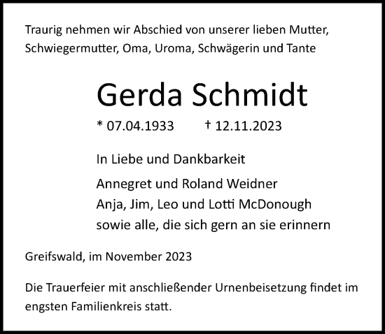 Traueranzeige von Gerda Schmidt von Ostsee-Zeitung GmbH