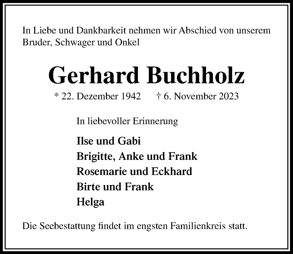  Traueranzeige für Gerhard Buchholz vom 19.11.2023 aus Lübecker Nachrichten