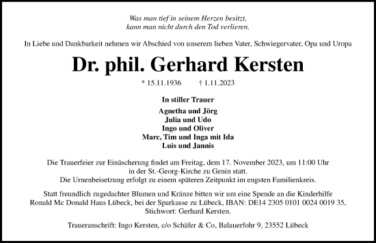 Traueranzeige von Gerhard Kersten von Lübecker Nachrichten