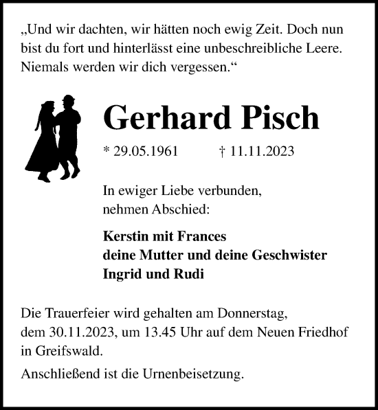 Traueranzeige von Gerhard Pisch von Ostsee-Zeitung GmbH