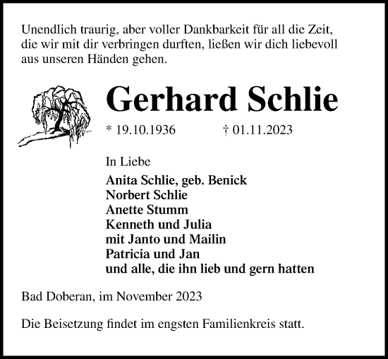 Traueranzeige von Gerhard Schlie von Ostsee-Zeitung GmbH